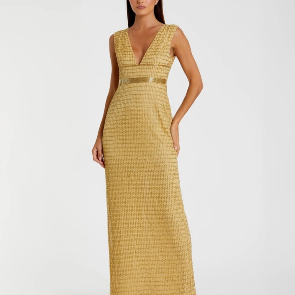 Mac Duggal Gold Sheath Maxi Dress with Plunge Neckline